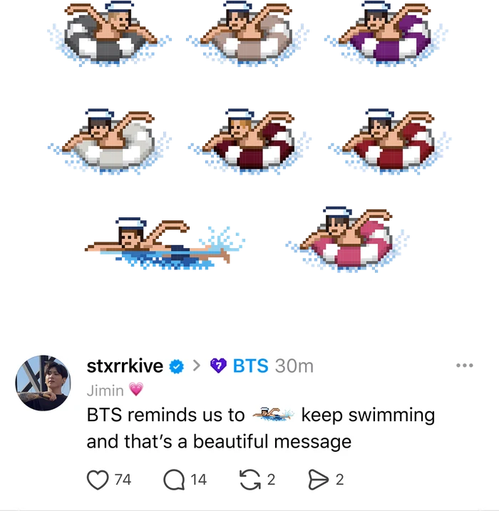 Pixel-art BTS swimming stickers and a post using one inline